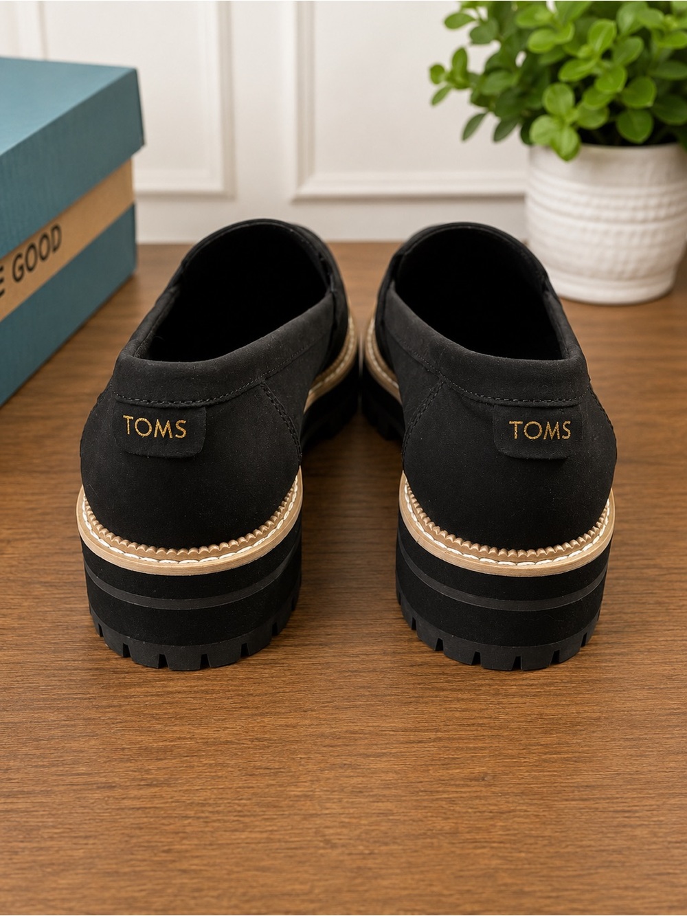 TOMS Black Suede Lug Sole Penny Loafers - Picture 2 of 6